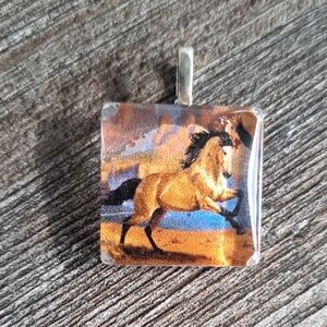 Hand crafted 1" Glass tile Pendant Mustang buckskin horse Pendant